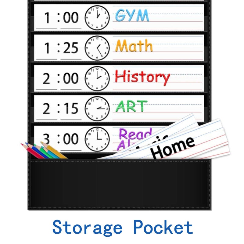 ZKOO Daily Schedule Pocket Chart, School Smart Pocket Chart with 18 Blank Double-Sided Reusable Cards, Teaching Scheduling Pocket Charts for Classroom 13+1 Pocket (Black) - Image 3